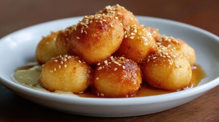 White bowl filled with small, round, golden-brown doughnuts. the doughnuts are covered in sesame seeds, giving them a crunchy texture.