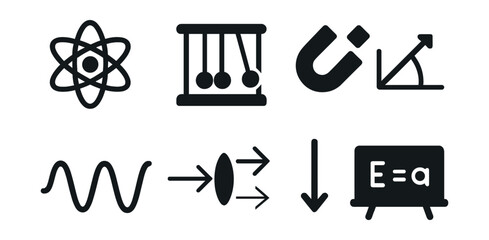 Solid style icons of physics: atom icon, Newton’s cradle, magnet icon, force diagram, energy wave, lens and light, gravity arrow, formula board.