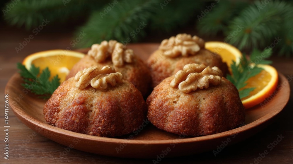 Poster wooden plate with four round, golden-brown muffins on it. the muffins are topped with a generous amo
