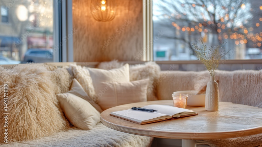 Poster cozy winter cafe scene with open notebook on table, representing relaxation and creative writing ins