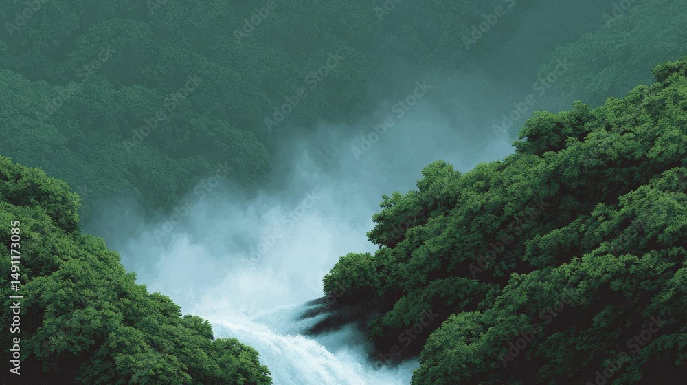 Poster beautiful landscape of a lush green forest with a waterfall cascading down the center. the waterfall