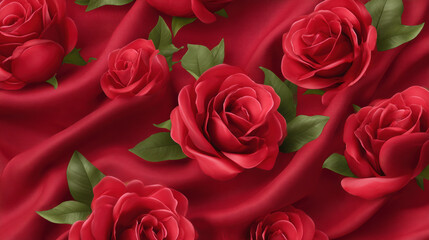 A beautiful and romantic arrangement featu vibrant red roses scattered across a luxurious, draped, deep red satin fabric creating a captivating and elegant scene.