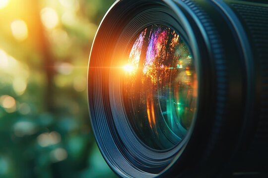 Close-up of a camera lens capturing a sunlit, bokeh-filled nature scene.