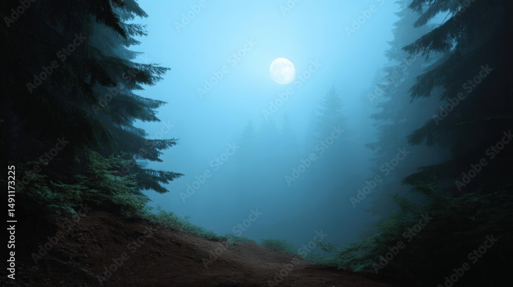 Aufkleber landscape photograph of a foggy forest with a full moon in the background. the sky is a deep blue co