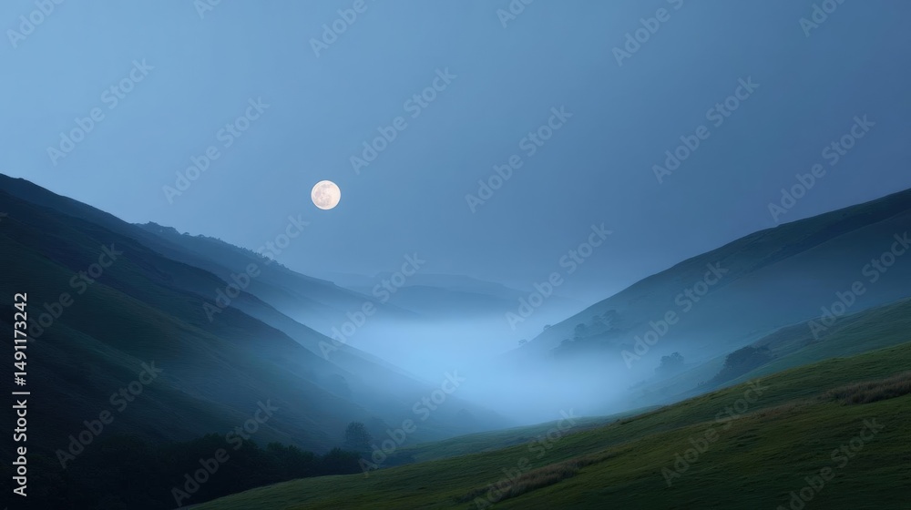 Poster landscape photograph of a mountain range with a full moon in the sky. the sky is a deep blue color a