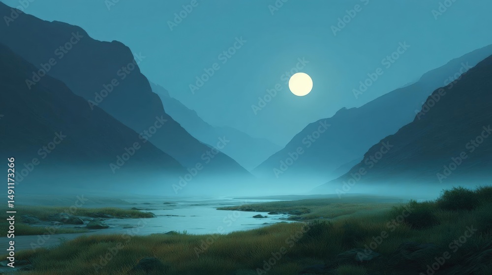 Aufkleber landscape photograph of a mountain range with a river running through it. the sky is a deep blue col
