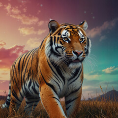 Majestic tiger approaching with intense gaze against dramatic twilight sky