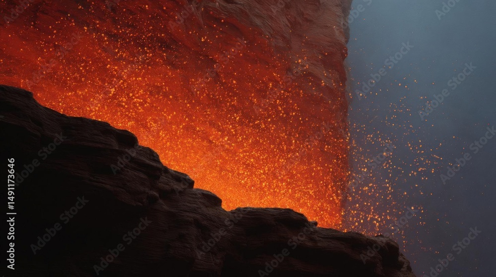 Poster close-up of a lava flow from a volcano. the lava is a bright orange-red color and appears to be flow