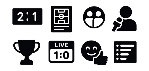 Solid style icons of sports news: scoreboard icon, match recap, team update badge, athlete interview, tournament trophy, live score icon, fan reaction, league standings.
