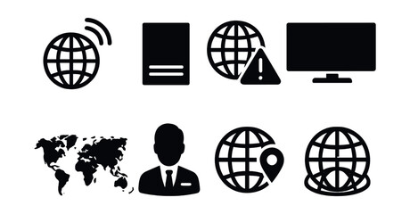 Solid style icons of global news: globe icon with signal, world headline, international alert, breaking world news, time zones map, news anchor icon, global event marker, newswire globe.
