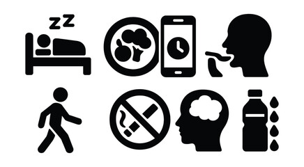 Solid style icons of healthy habits: early sleep icon, nutritious plate, screen time balance, mindful eating, walking steps, no smoking icon, mental break, hydration tracker.