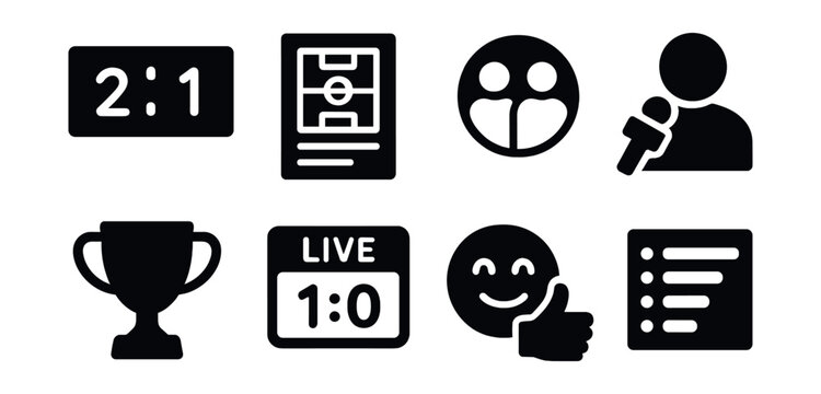 Solid style icons of sports news: scoreboard icon, match recap, team update badge, athlete interview, tournament trophy, live score icon, fan reaction, league standings.