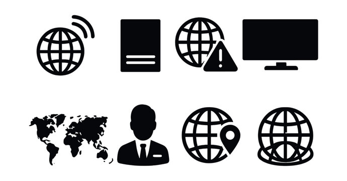 Solid style icons of global news: globe icon with signal, world headline, international alert, breaking world news, time zones map, news anchor icon, global event marker, newswire globe.
