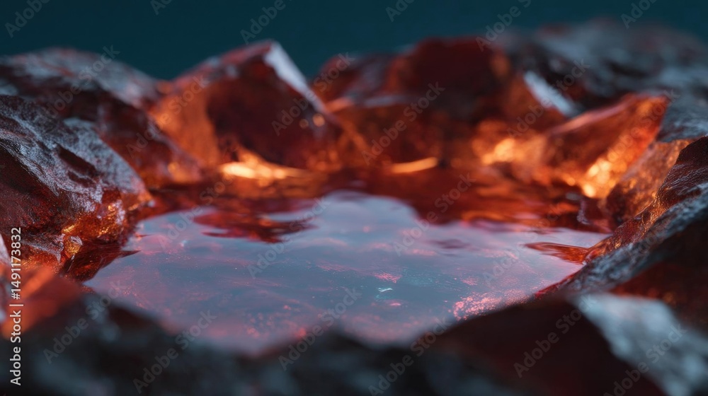 Poster close-up of a pile of rocks with a small pool of water in the center. the rocks are dark and have a 
