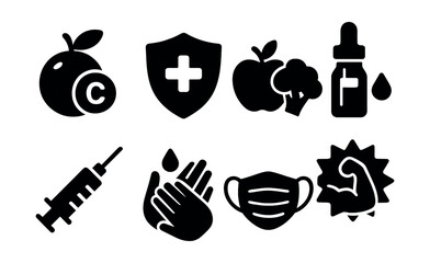 Solid style icons of immune system support: vitamin C icon, shield with plus, immune boost food, herbal remedy, vaccine syringe, handwashing icon, mask icon, stay strong badge.