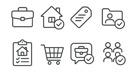 Line style icons of task categories: work task icon, home task badge, shopping list tag, personal task file, household task board, grocery chart, work task bubble, to-do group symbol.