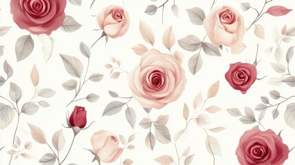 Elegant Floral Pattern with Soft Pink and Red Roses on Cream Background