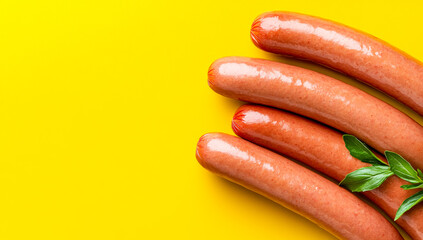 Naklejka premium Sausages on yellow background. Four sausages placed neatly on a bright yellow surface with a sprig of green leaves beside them.