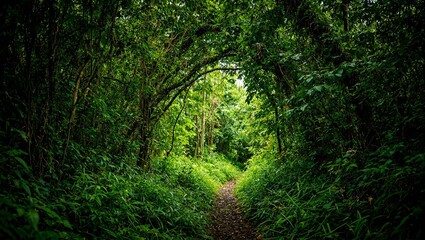 Fototapeta premium Explore the mysterious depths of nature with this captivating image of a lush jungle trail enveloped in a canopy of vibrant green foliage