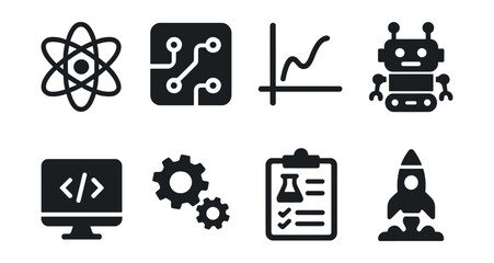 Solid style icons of STEM education: atom icon, circuit board, math graph, robotics kit, coding monitor, gear model, scientific method, rocket launch.