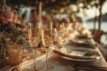 Champagne Flutes on Elegant Table Setting, Celebrating Luxury Lifestyle and Special Occasion, Perfect for Wedding Invitation or Event Planning : Generative AI
