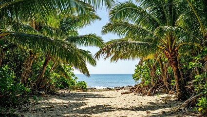 Obraz premium Lush palm forest by the turquoise sea capturing the essence of tropical tranquility