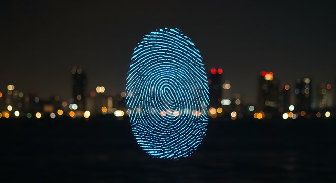 Glowing Fingerprint Over a Blurred Cityscape at Night
