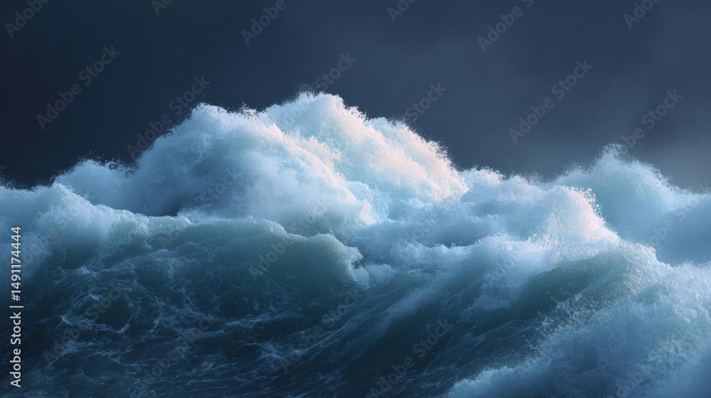 Poster close-up of a large wave breaking in the ocean. the wave is large and powerful, with white foam and 