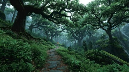 Obraz premium Enchanted Forest Pathway A Mysterious Journey Through Lush Greenery and Ancient Trees