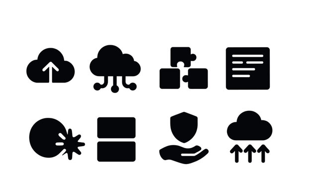 Solid style icons of cloud-native applications: cloud-ready icon, service discovery, loosely coupled block, stateless service, event-driven node, 12-factor app, resilience layer, scale-out icon.