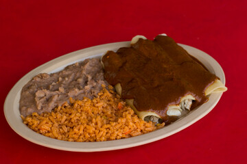 A vibrant dish featuring enmoladas smothered in rich sauce, accompanied by fluffy rice and savory refried beans, perfect for a traditional Mexican meal or fiesta celebration.
