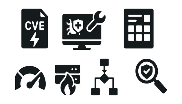 Solid style icons of vulnerability management: CVE icon, patch deployment, scan report, vulnerability heatmap, risk level gauge, exposed service icon, remediation flow, security audit.