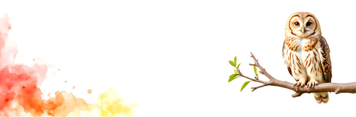 Owl perched on a branch with soft watercolor splashes in warm colors, embodying wisdom and tranquility, nature concept of wildlife photography