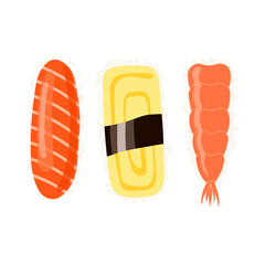 Set of three hand drawn nigiri with salmon, shrimp and omelette. Isolated vector collection in flat style. Cartoon elements for cards, banners, posters and patterns. Traditional japanese food