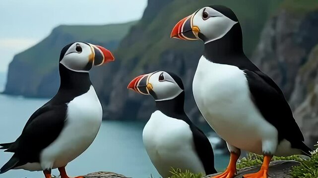Three puffins are standing near the ocean view