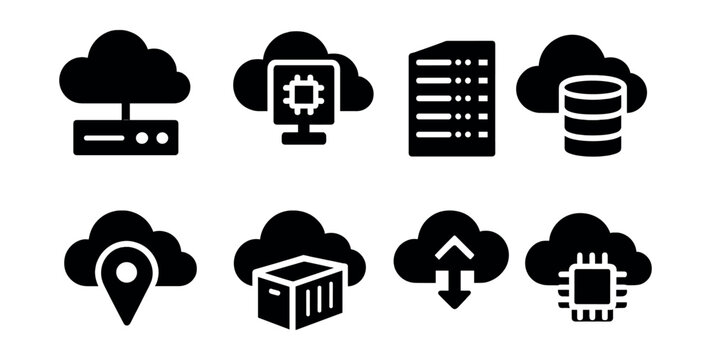 Solid style icons of cloud computing basics: cloud server, virtual machine, data center icon, cloud storage, region selector, container icon, cloud gateway, elastic compute.