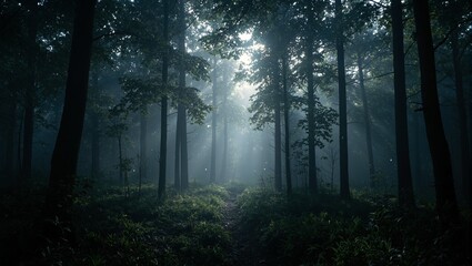 Fototapeta premium Enchanting dark forest scene with sunlight filtering through dense canopy casting a mesmerizing glow on suspended dust particles