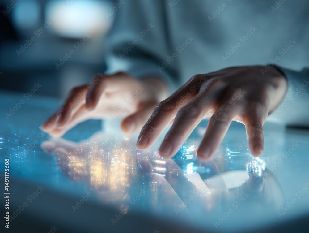 Leinwandbilder Hands Interacting With Futuristic Touchscreen Display, Illustrating Digital Transformation and Cutting-Edge Technology in Business Innovation, and Modern Communication : Generative AI