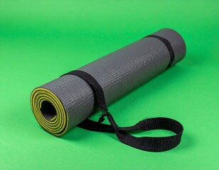 Rolled gray exercise mat with black strap on a green background