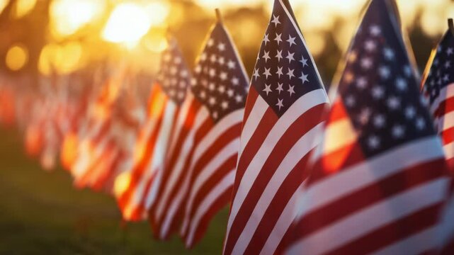 Row of American flags against sunset sky