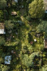Naklejka premium Aerial View of Overgrown Backyard Garden With Rustic Furniture, Representing Sustainable Living and Home Improvement Projects : Generative AI