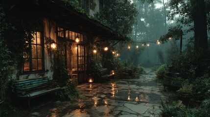 Enchanted Evening Cozy Cottage with String Lights in a Mystical Forest Setting
