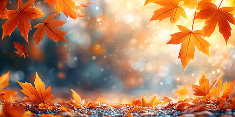 Autumnal landscape with falling maple leaves and bokeh lights creating a dreamy seasonal backdrop depicting a scenic fall foliage with warm tones