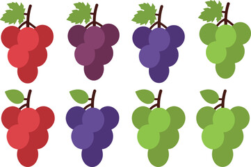 Eight bunches of grapes in various colors red green purple and dark purple illustration