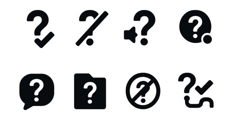 Solid style icons of question dismissal and resolution: resolved question check, question with slash icon, muted question, no longer pending badge, answered status icon, archived inquiry, closed help