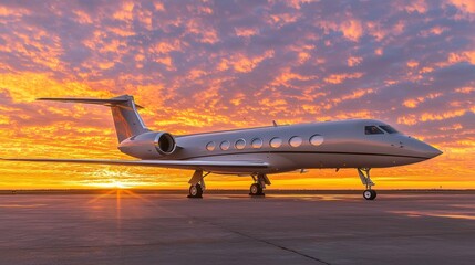 Luxury jet parked under a stunning sunset with vibrant colors and dramatic cloud patterns in the sky