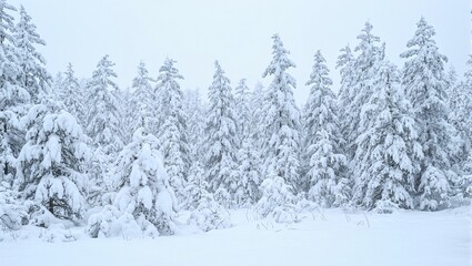 Obraz premium Tranquil winter scene of a snow covered coniferous forest where thick layers of snow adorn the branches and ground