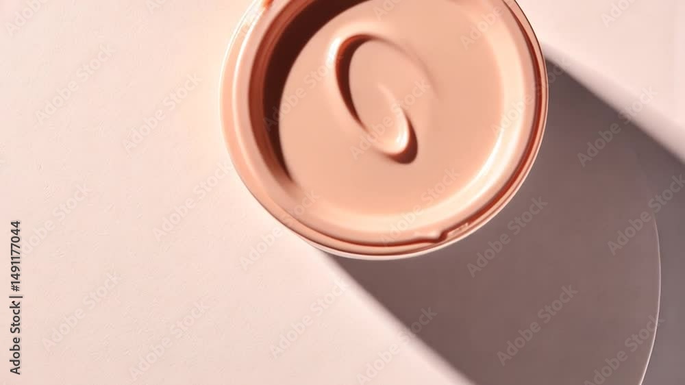 Poster close up top down view of peach foundation swatch on pink surface in smooth texture and soft shadow