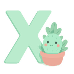 Uppercase Letter X with Cute Xerophyte Plant &ndash; Nature Alphabet Vector for Kids
