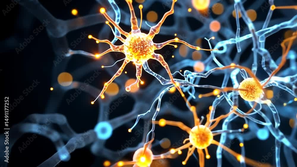 Poster complex neural network with orange and blue synapses connection in a dark background perfect for neu